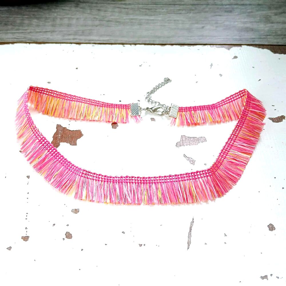 Pink Fringe Adjustable Choker Necklace, Cute Boho Chic